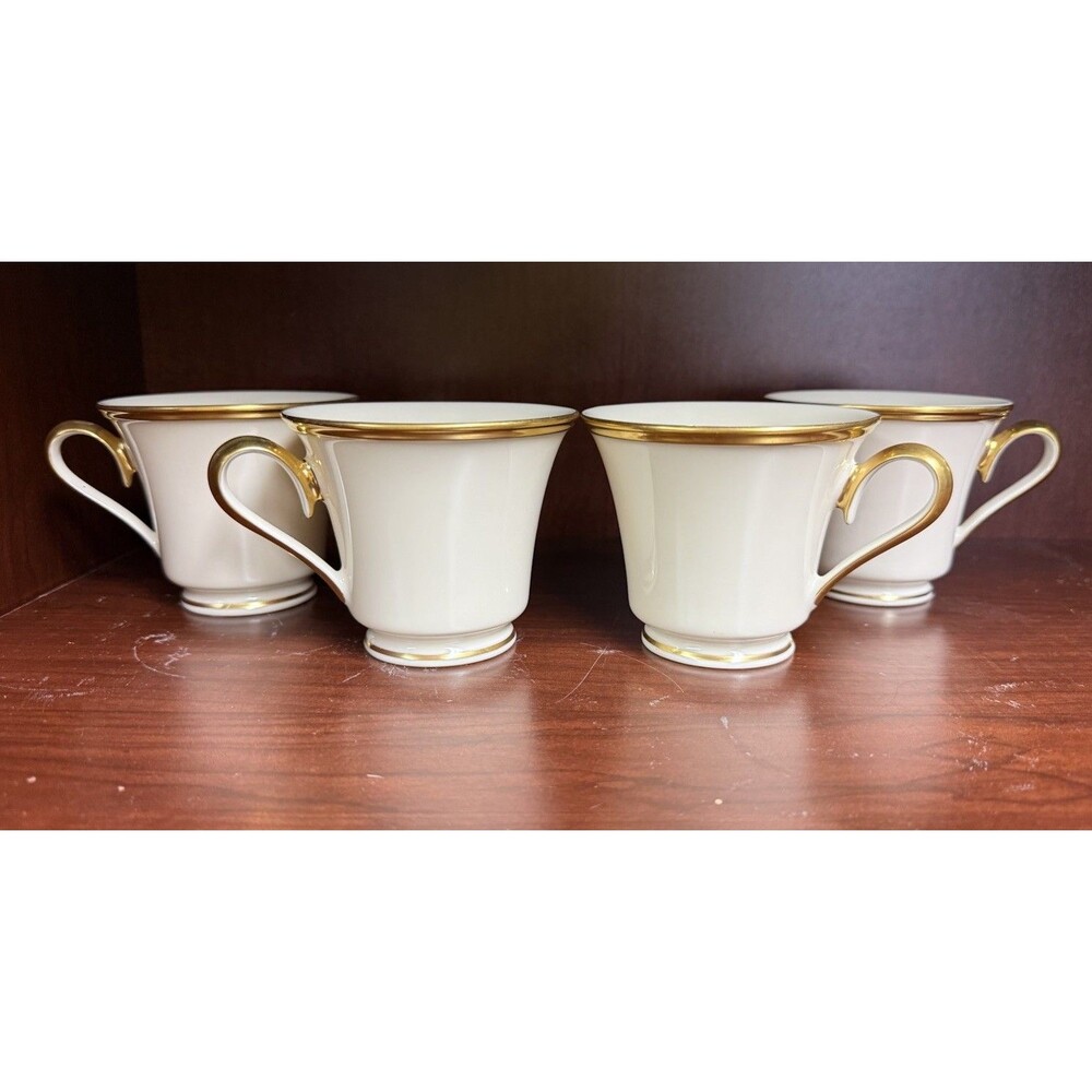 Set 4 LENOX ETERNAL Ivory and Gold Trim Tea / Coffee Cups Glasses Near-Mint